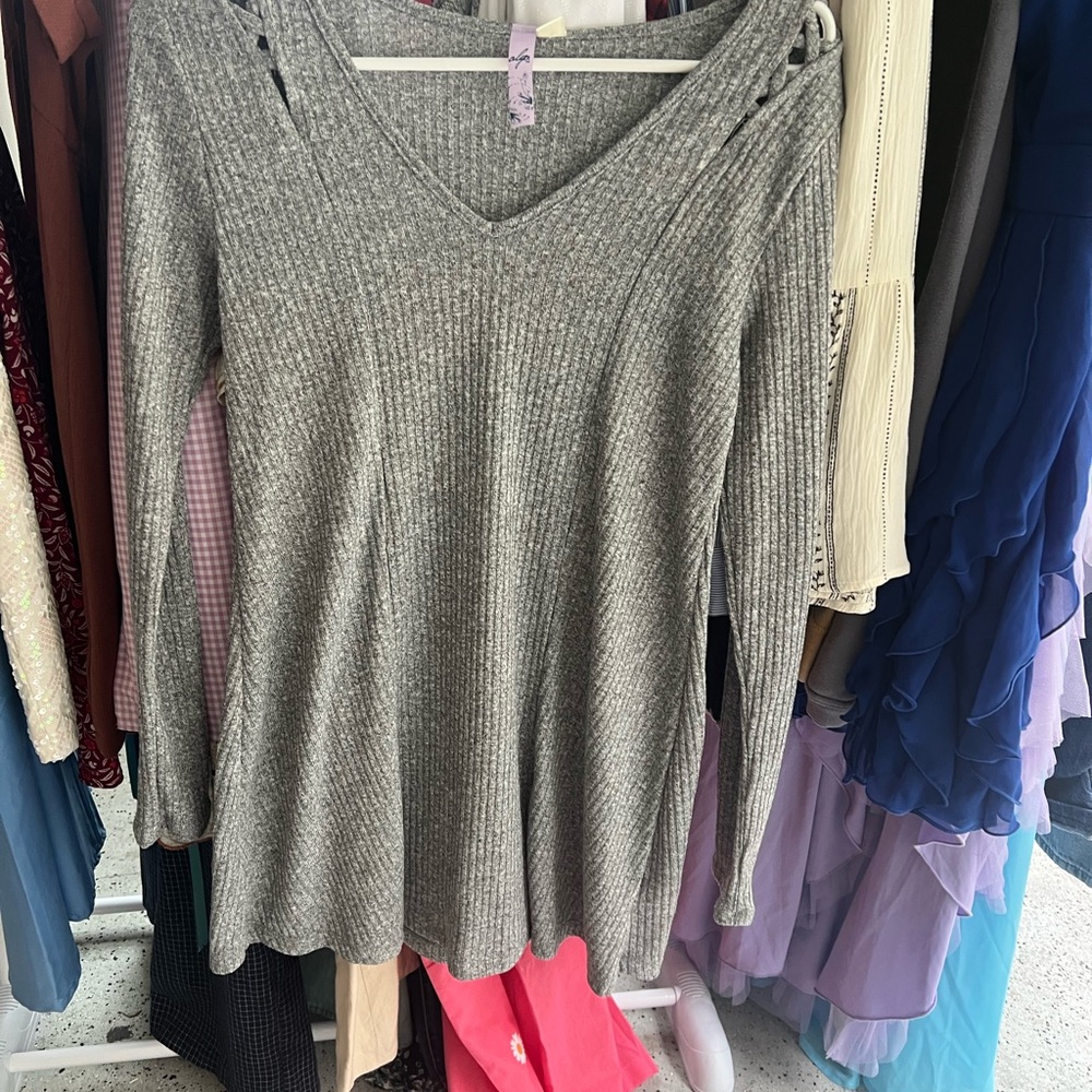 Gray Ribbed Knit Sweater Dress